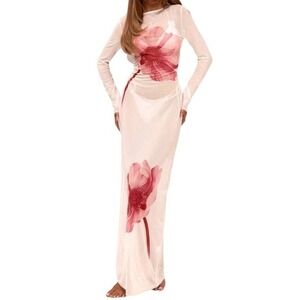 Musera White Pink Floral Mesh Sheer Maxi Dress Long Sleeve Lace Up Back